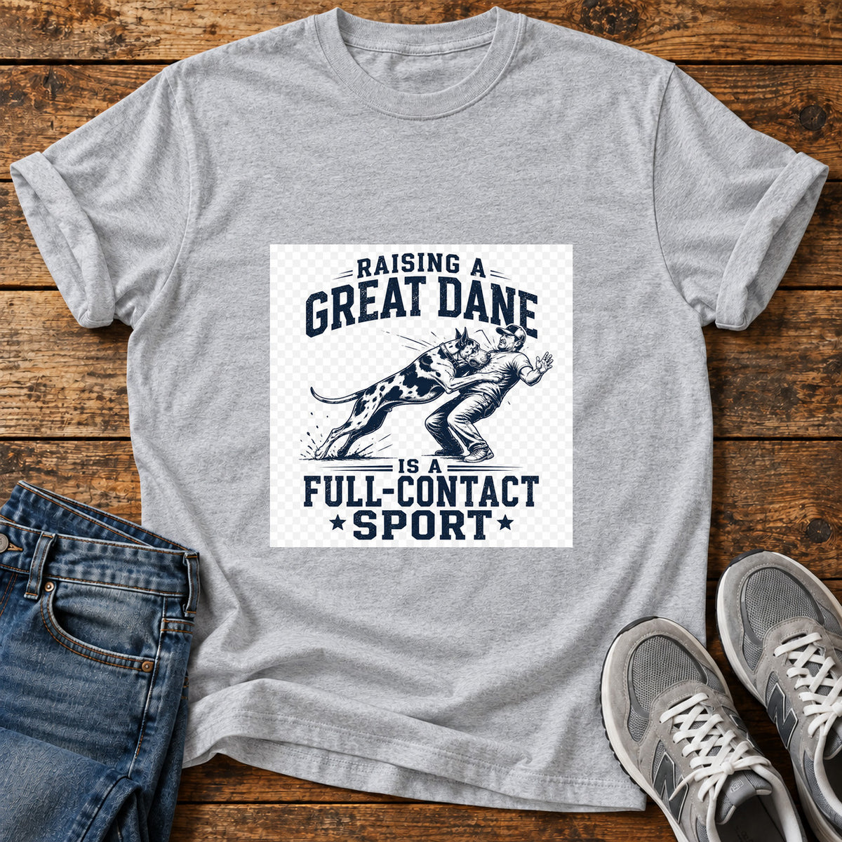 Great Dane Sport graphic T-shirt in Sport Grey, shown on a flat-lay shirt mockup
