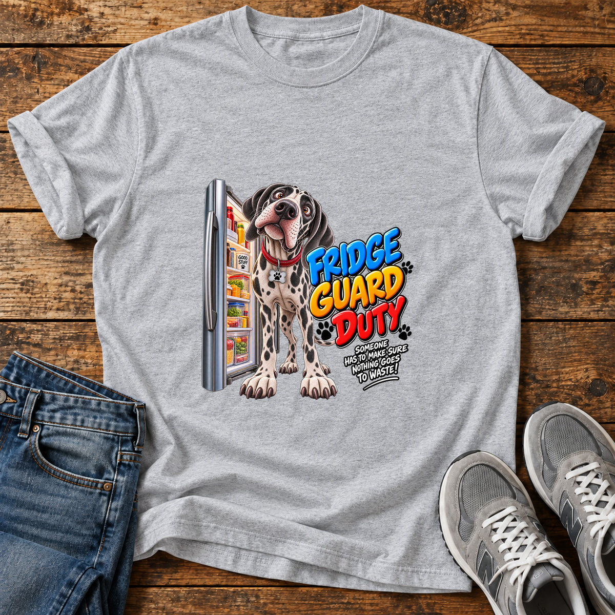 Fridge Guard Duty Great Dane graphic T-shirt in Sport Grey, shown on a flat-lay shirt mockup