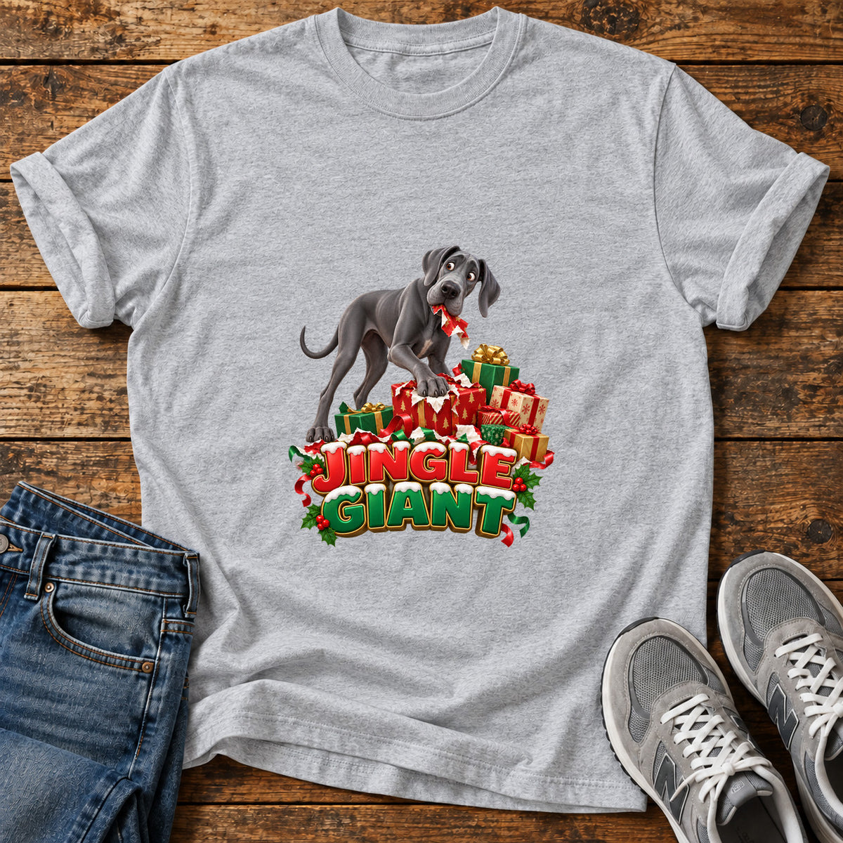 Jingle Giant Great Dane graphic T-shirt in Sport Grey, shown on a flat-lay shirt mockup