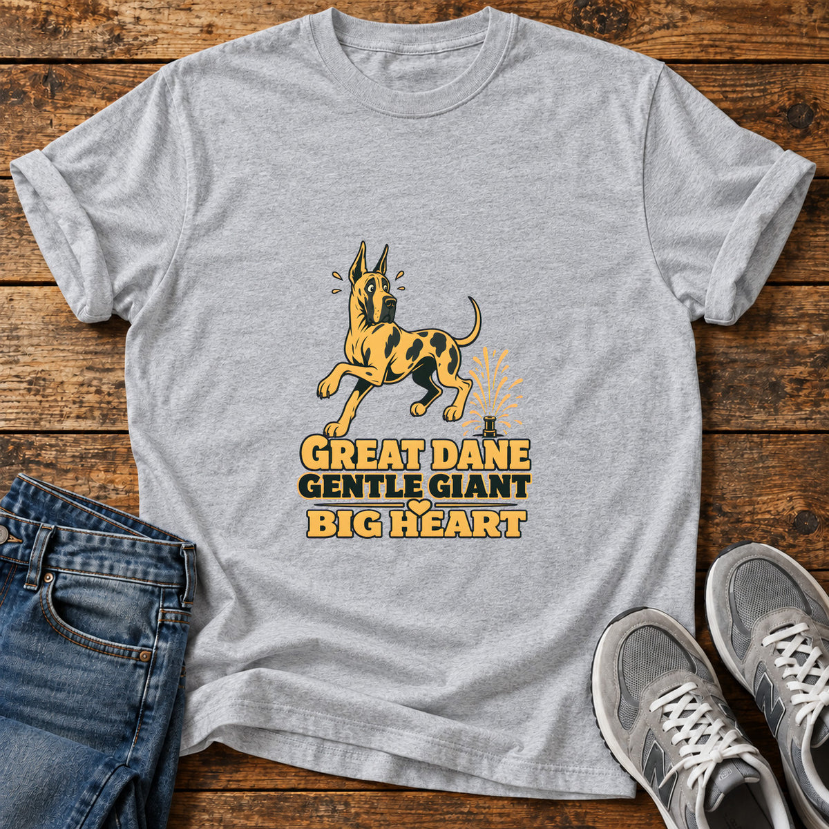 Great Dane Heart graphic T-shirt in Sport Grey, shown on a flat-lay shirt mockup