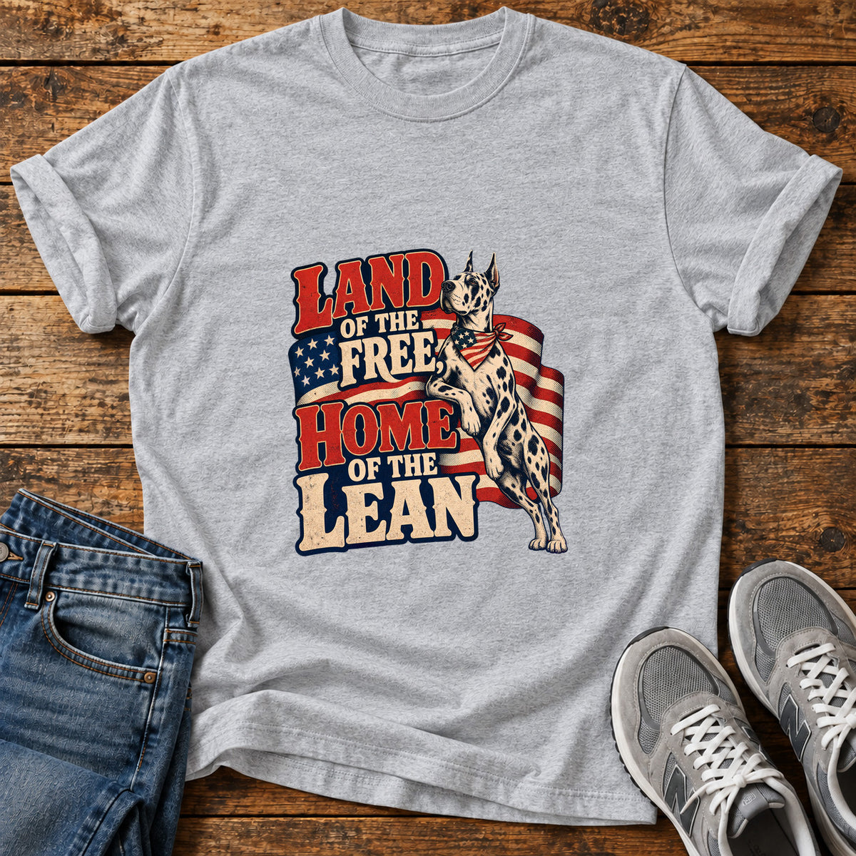 Land Of Lean Great Dane graphic T-shirt in Sport Grey, shown on a flat-lay shirt mockup