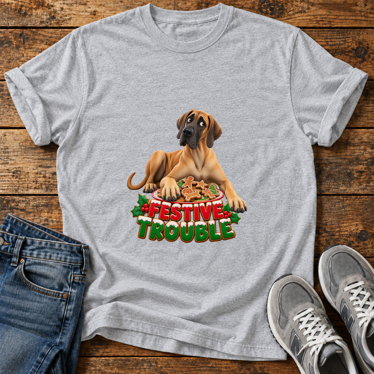 Festive Trouble Great Dane graphic T-shirt in Sport Grey, shown on a flat-lay shirt mockup