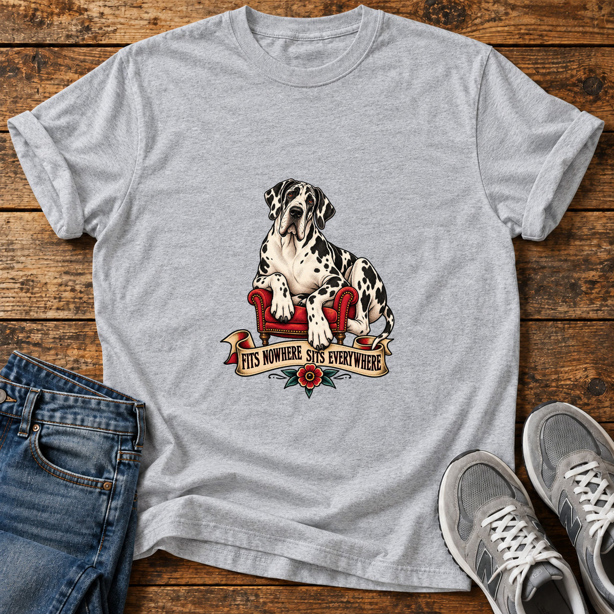 Sits Everywhere Great Dane graphic T-shirt in Sport Grey, shown on a flat-lay shirt mockup