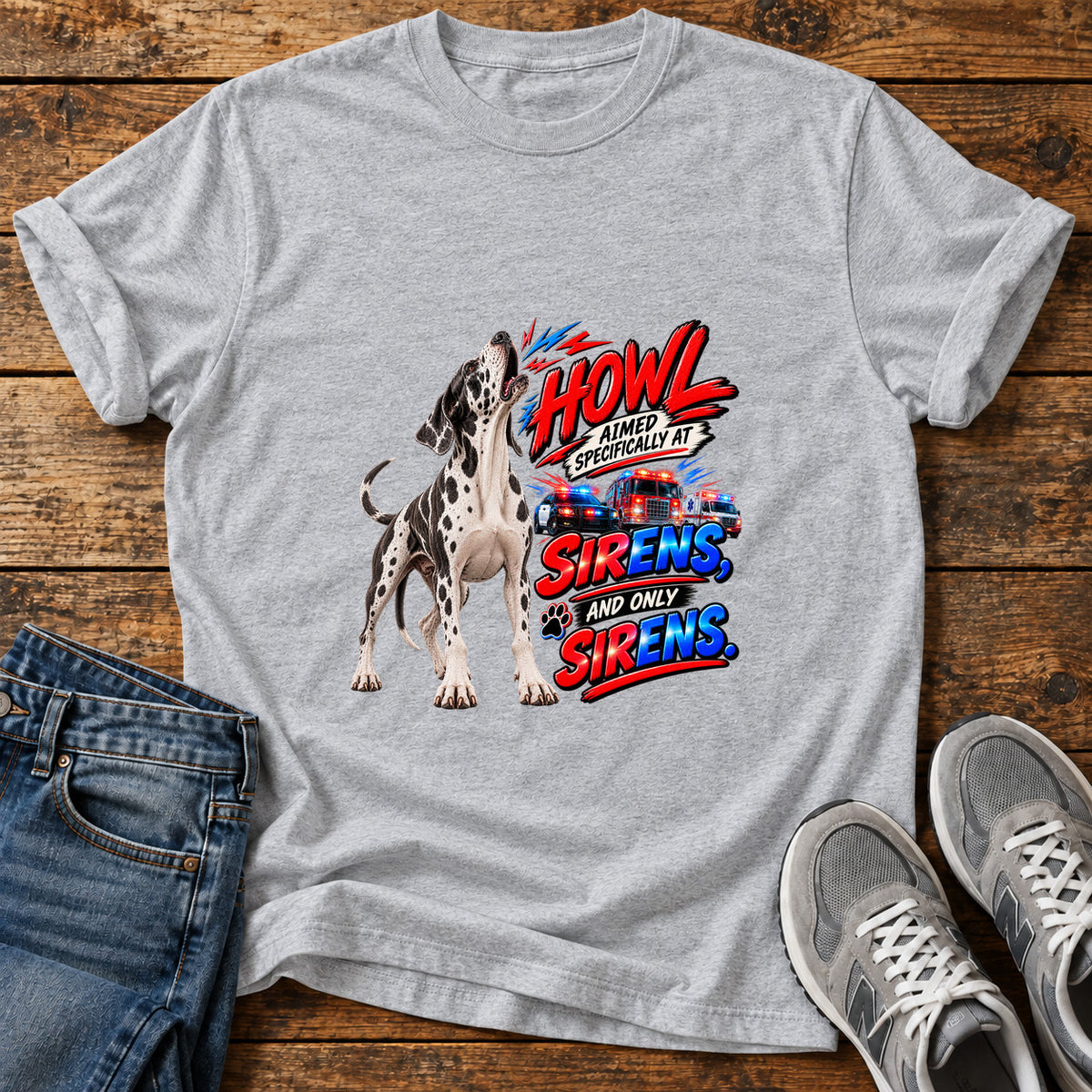 Howl At Sirens Great Dane graphic T-shirt in Sport Grey, shown on a flat-lay shirt mockup