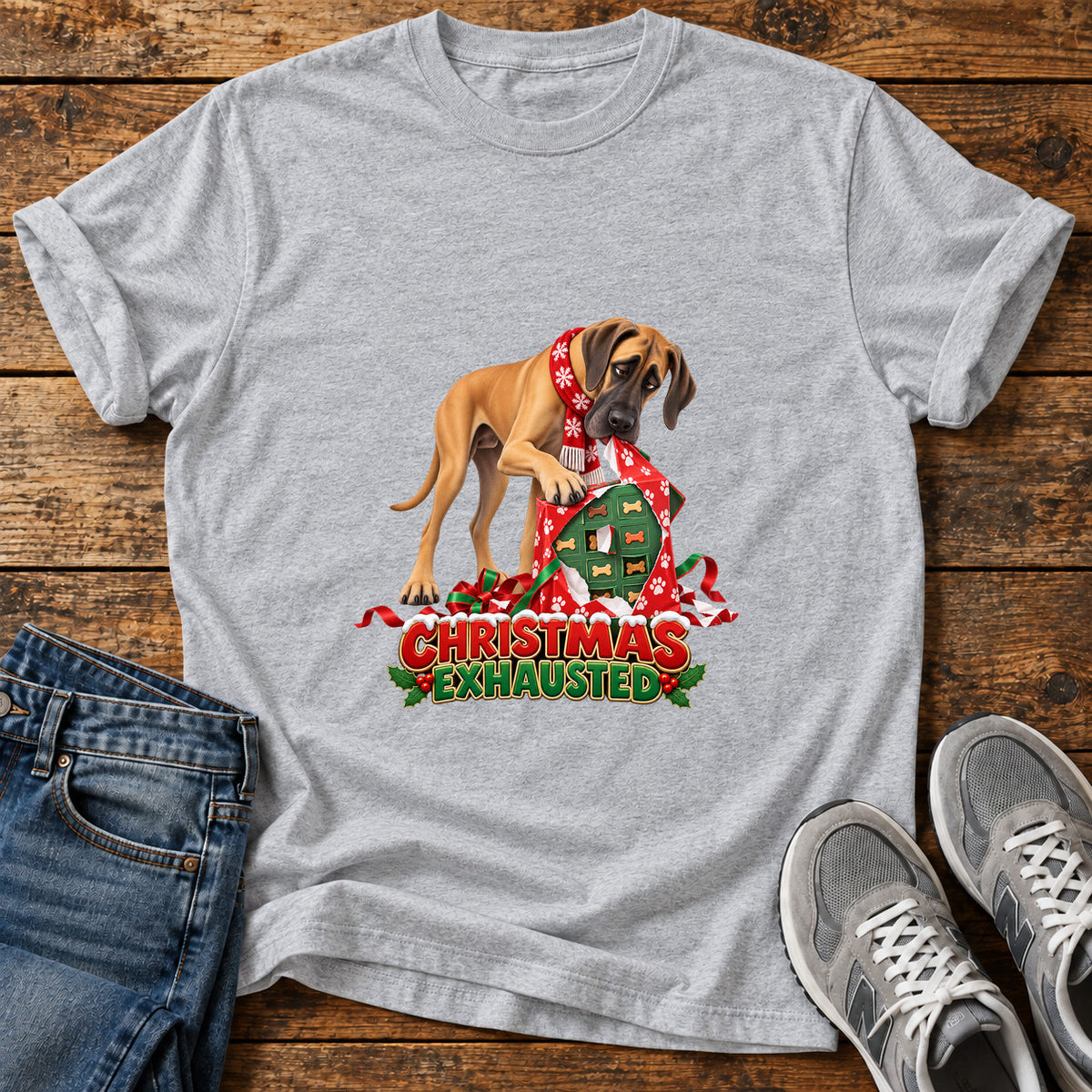 Christmas Exhausted Great Dane graphic T-shirt in Sport Grey, shown on a flat-lay shirt mockup