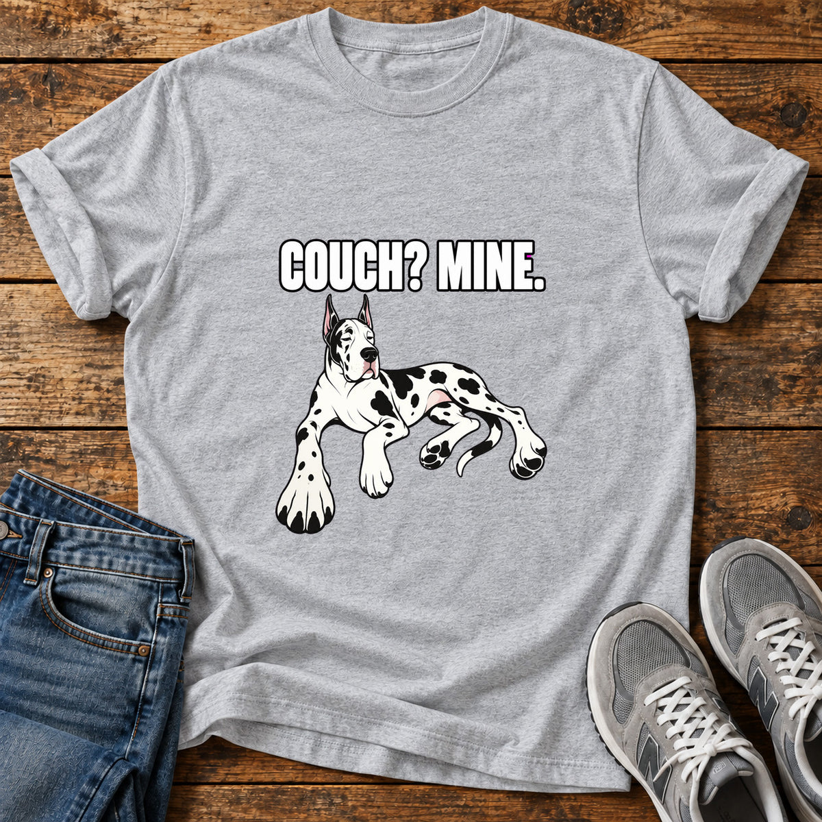 Couch Mine Great Dane graphic T-shirt in Sport Grey, shown on a flat-lay shirt mockup