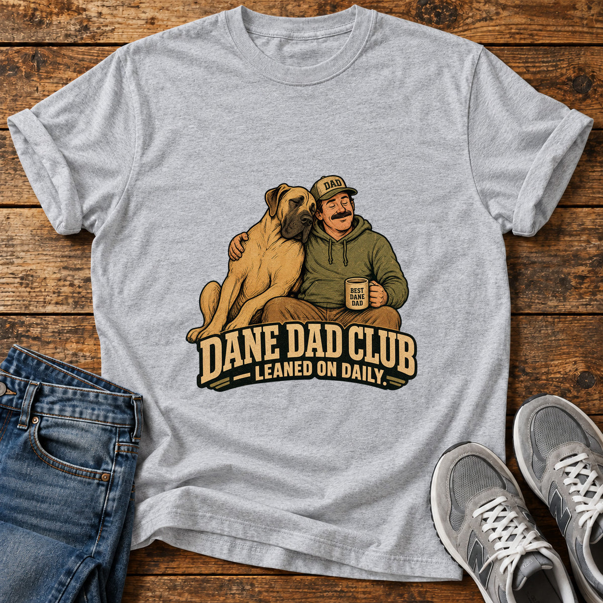 Dane Dad Club Great Dane graphic T-shirt in Sport Grey, shown on a flat-lay shirt mockup