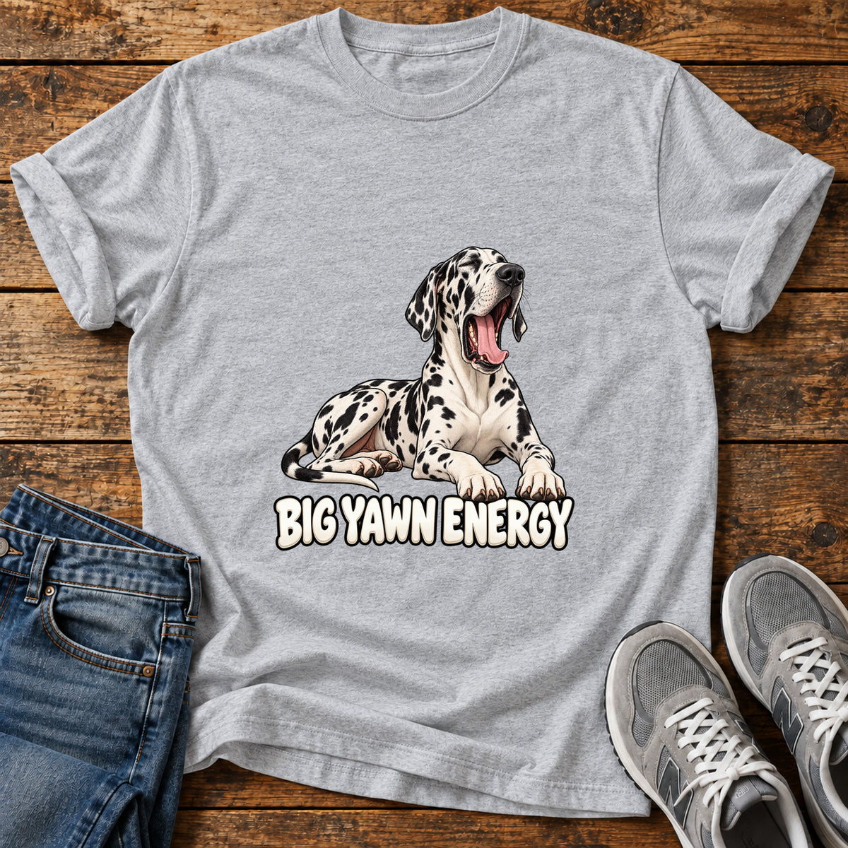 Big Yawn Energy Great Dane graphic T-shirt in Sport Grey, shown on a flat-lay shirt mockup