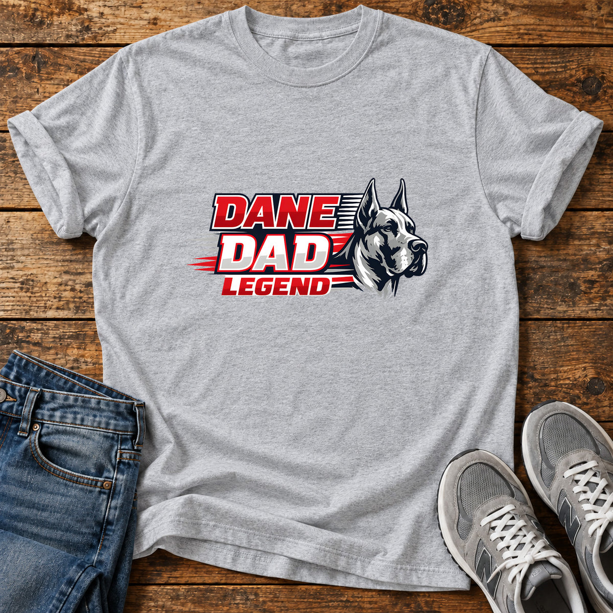 Dane Dad Legend Great Dane graphic T-shirt in Sport Grey, shown on a flat-lay shirt mockup