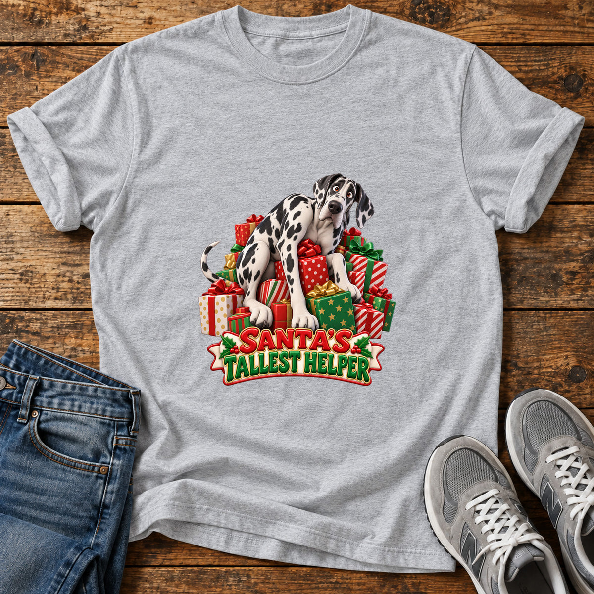 Santa's Tallest Helper Great Dane graphic T-shirt in Sport Grey, shown on a flat-lay shirt mockup