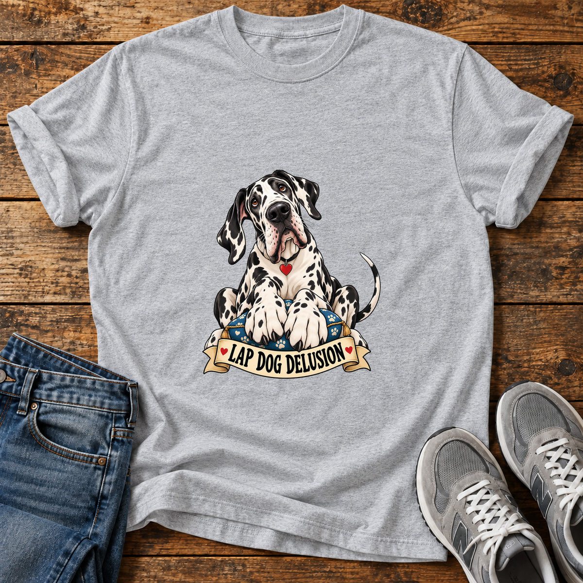 Lap Dog Delusion Great Dane graphic T-shirt in Sport Grey, shown on a flat-lay shirt mockup