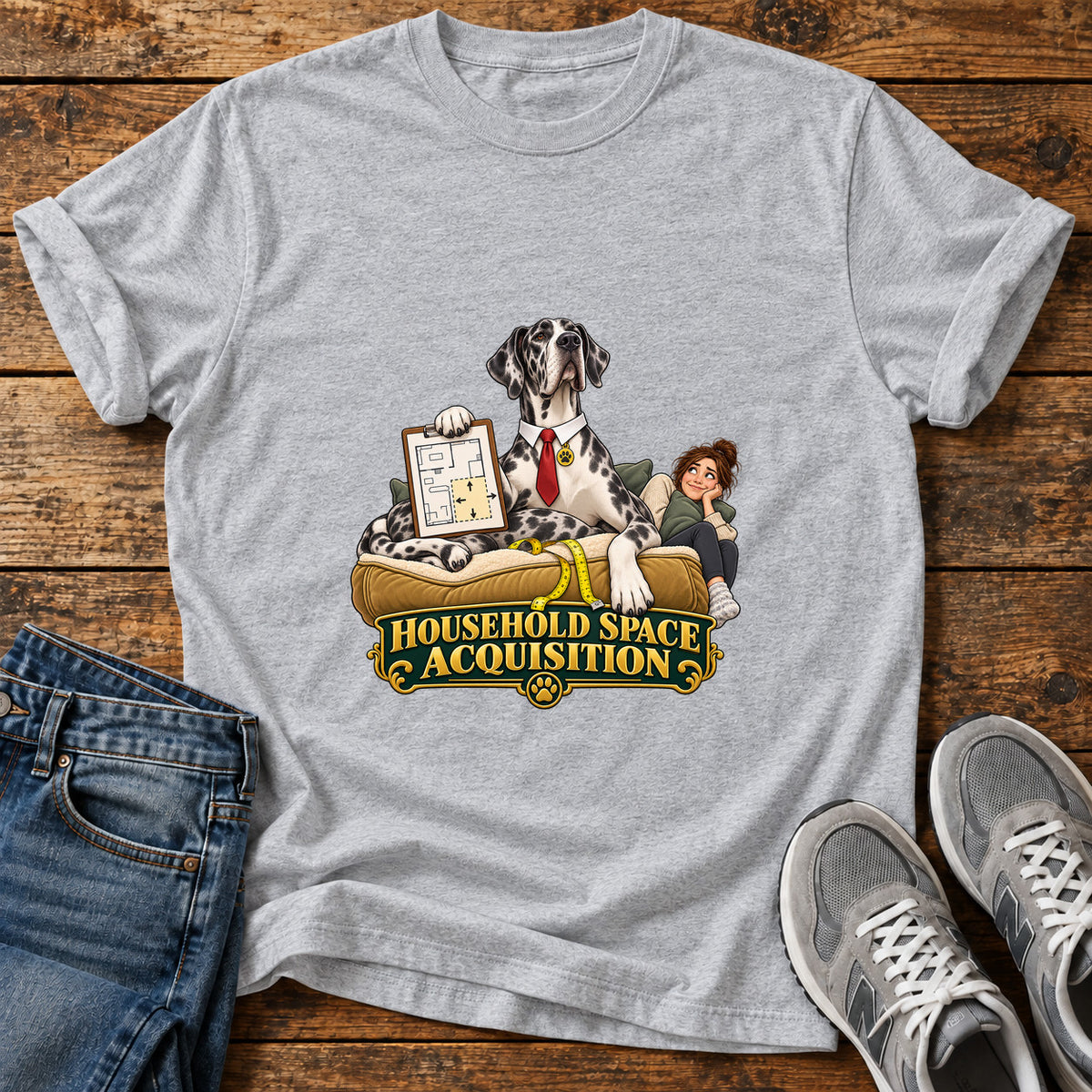 Household Space Great Dane graphic T-shirt in Sport Grey, shown on a flat-lay shirt mockup