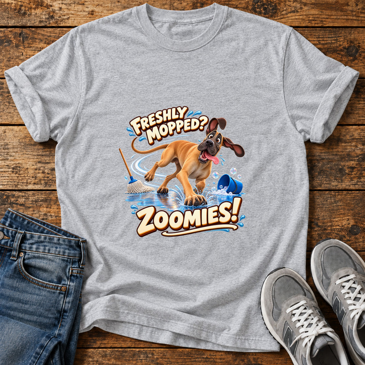 Freshly Zoomies Great Dane graphic T-shirt in Sport Grey, shown on a flat-lay shirt mockup
