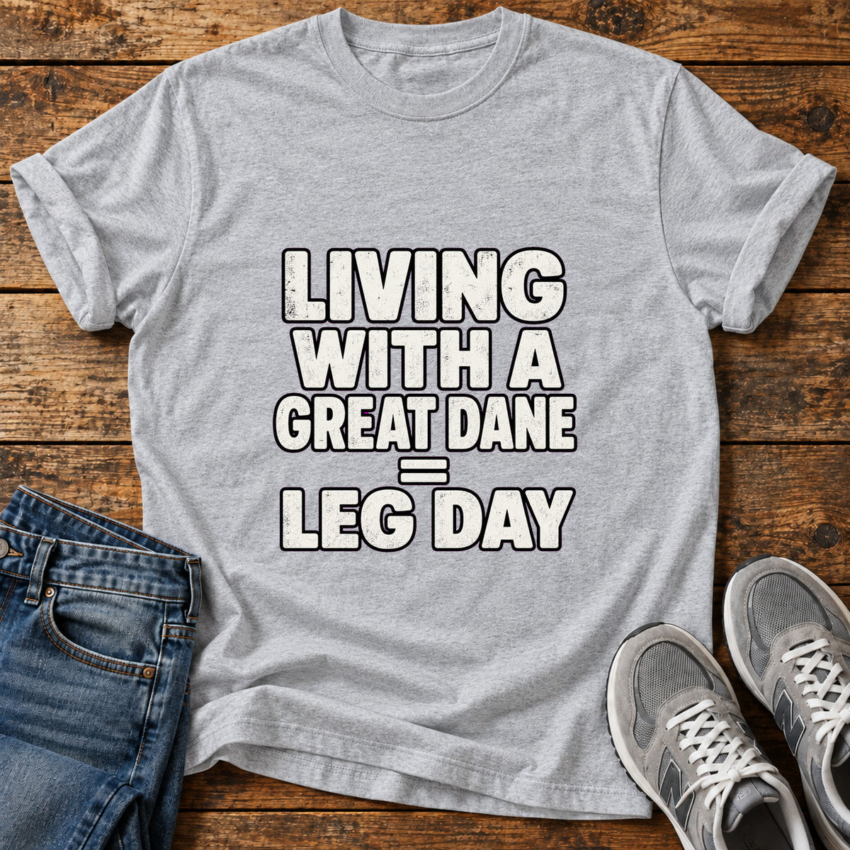 Great Dane Leg graphic T-shirt in Sport Grey, shown on a flat-lay shirt mockup