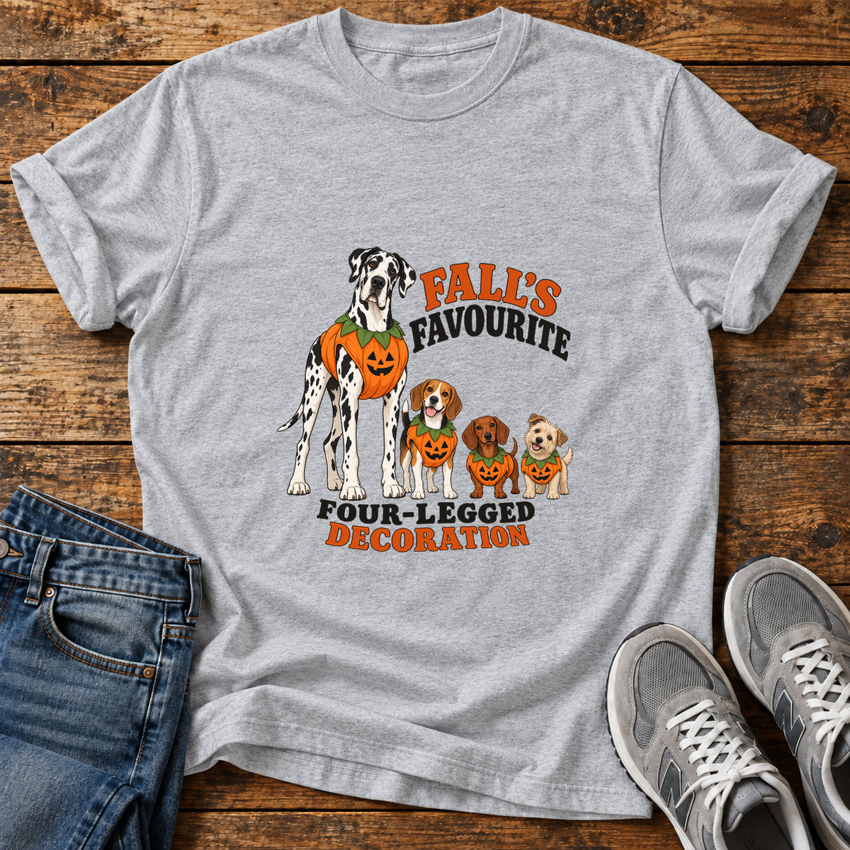 Fall's Favourite Pups Great Dane graphic T-shirt in Sport Grey, shown on a flat-lay shirt mockup