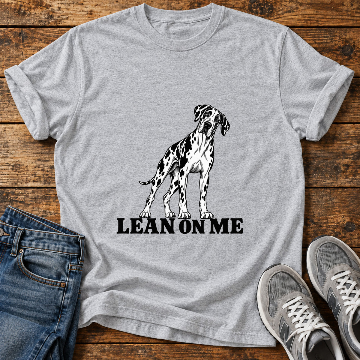 Lean On Me Great Dane graphic T-shirt in Sport Grey, shown on a flat-lay shirt mockup