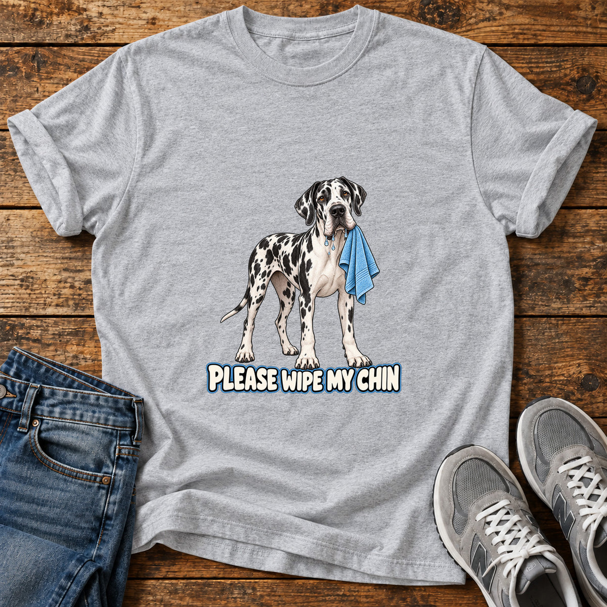 Wipe My Chin Great Dane graphic T-shirt in Sport Grey, shown on a flat-lay shirt mockup