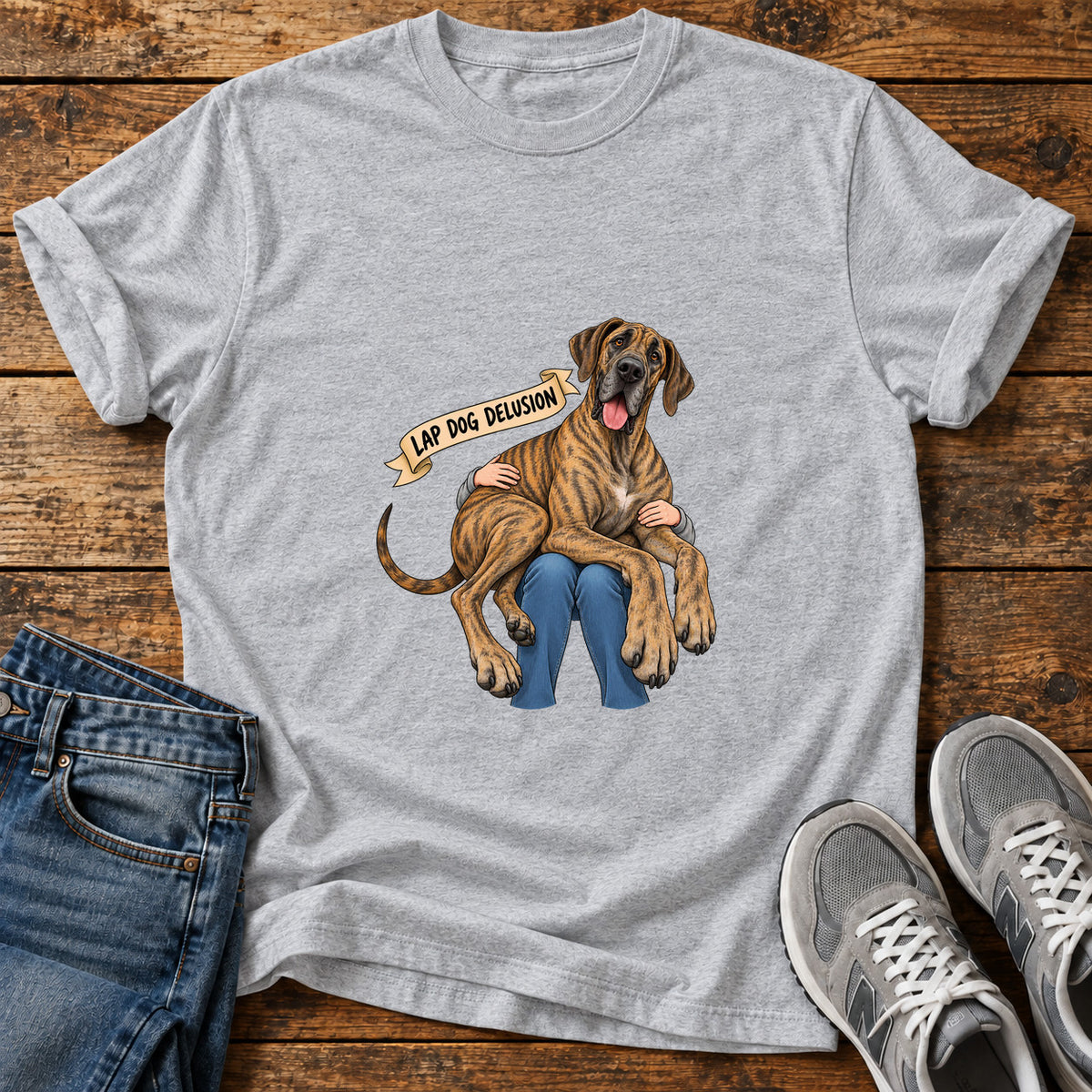 Lap Dog Delusion Great Dane graphic T-shirt in Sport Grey, shown on a flat-lay shirt mockup