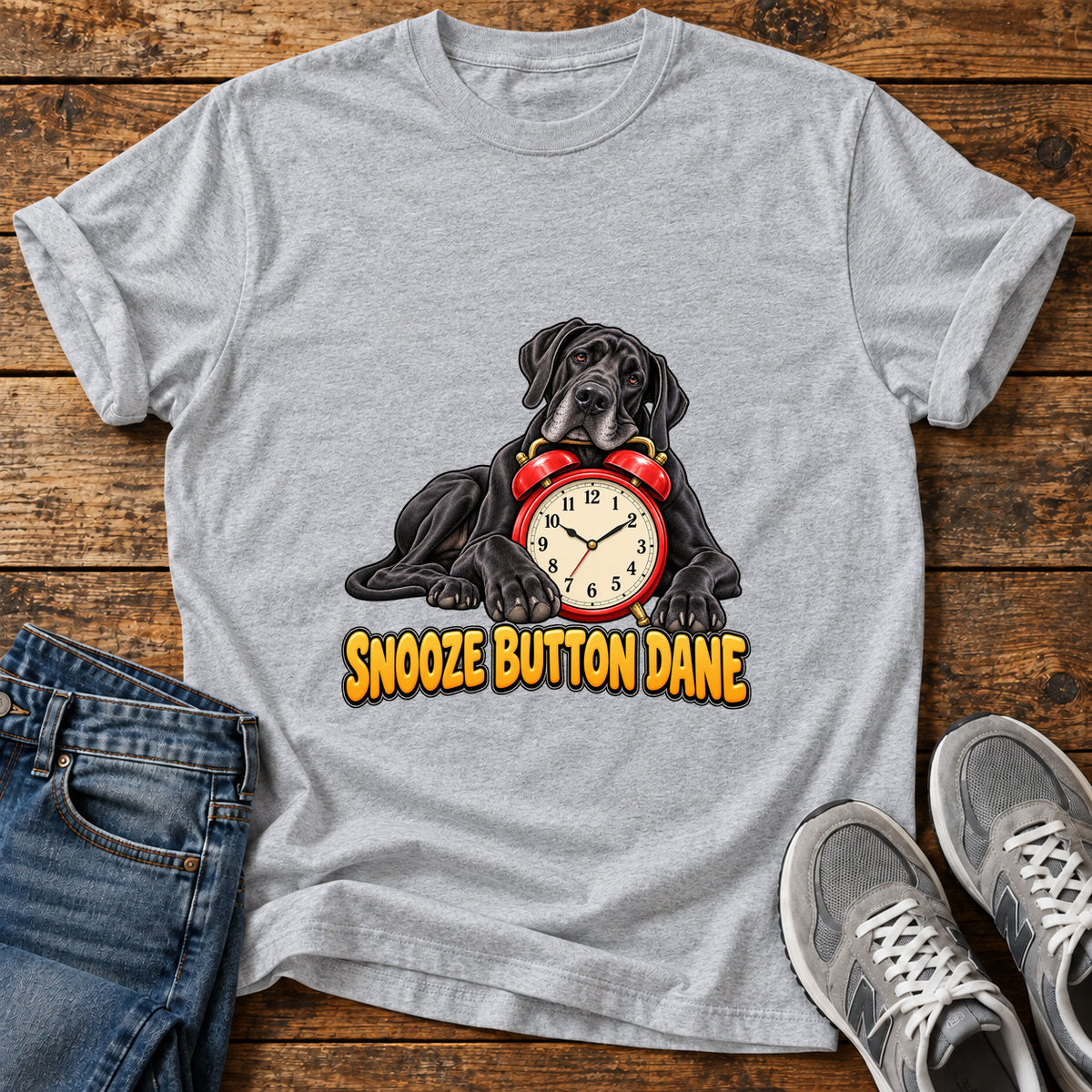 Snooze Button Dane Great Dane graphic T-shirt in Sport Grey, shown on a flat-lay shirt mockup