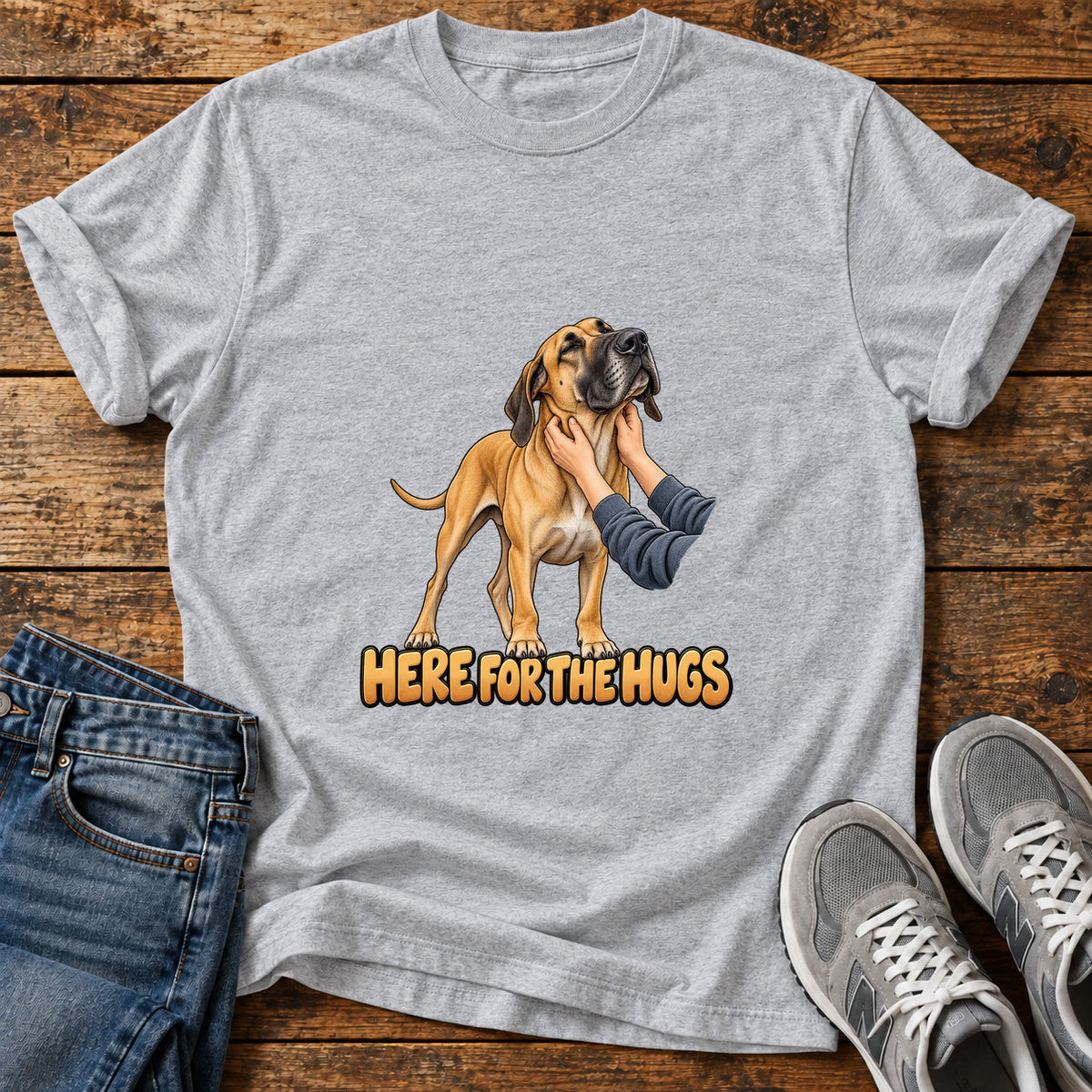 Here For Hugs Great Dane graphic T-shirt in Sport Grey, shown on a flat-lay shirt mockup