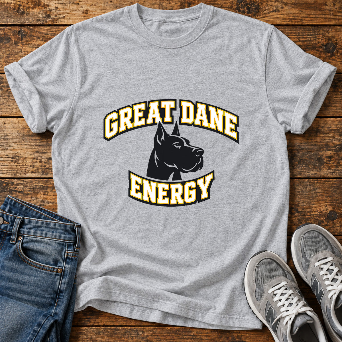 Great Dane Energy graphic T-shirt in Sport Grey, shown on a flat-lay shirt mockup