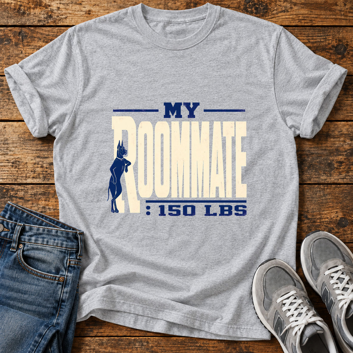 My Roommate Great Dane graphic T-shirt in Sport Grey, shown on a flat-lay shirt mockup