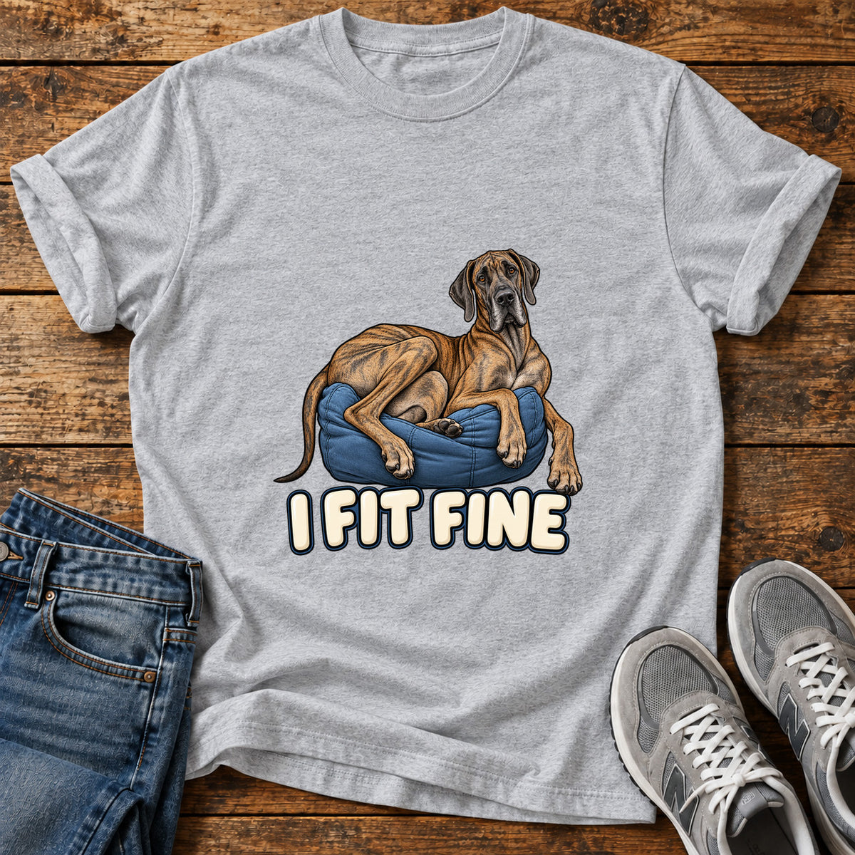 I Fit Fine Great Dane graphic T-shirt in Sport Grey, shown on a flat-lay shirt mockup