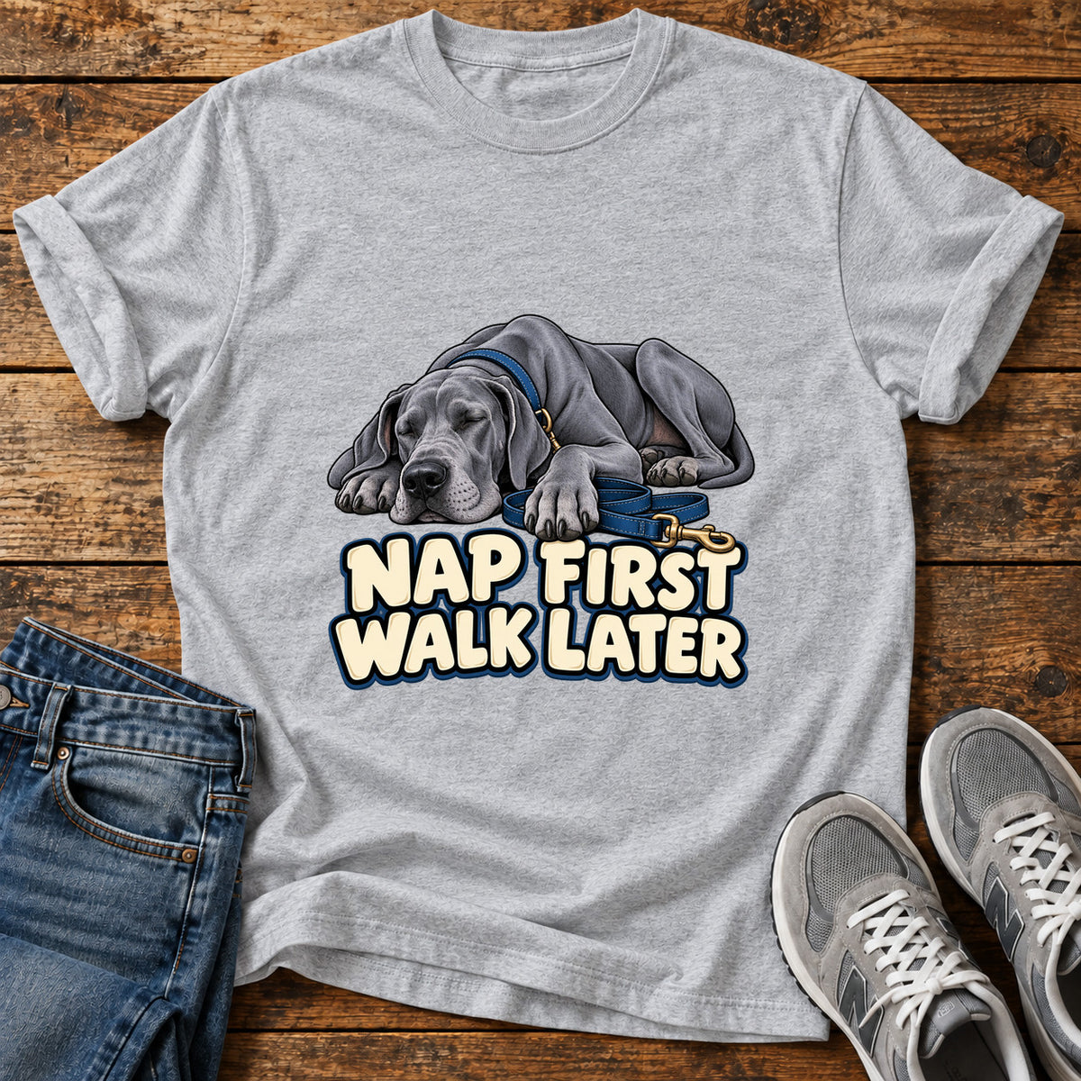 Nap First Great Dane graphic T-shirt in Sport Grey, shown on a flat-lay shirt mockup