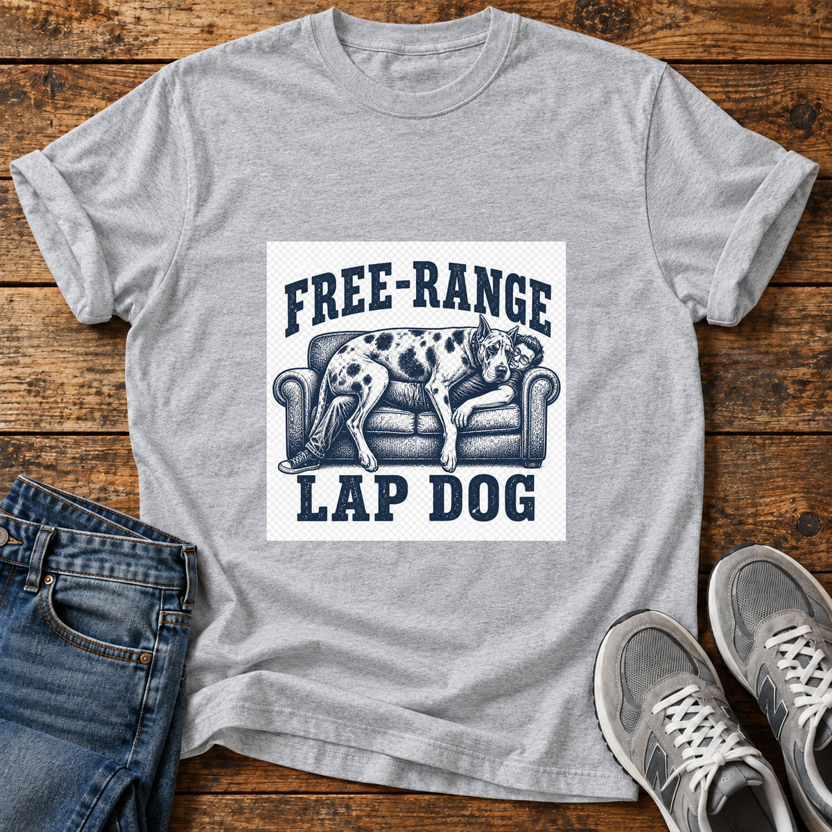 Free-Range Lap Dog Great Dane graphic T-shirt in Sport Grey, shown on a flat-lay shirt mockup