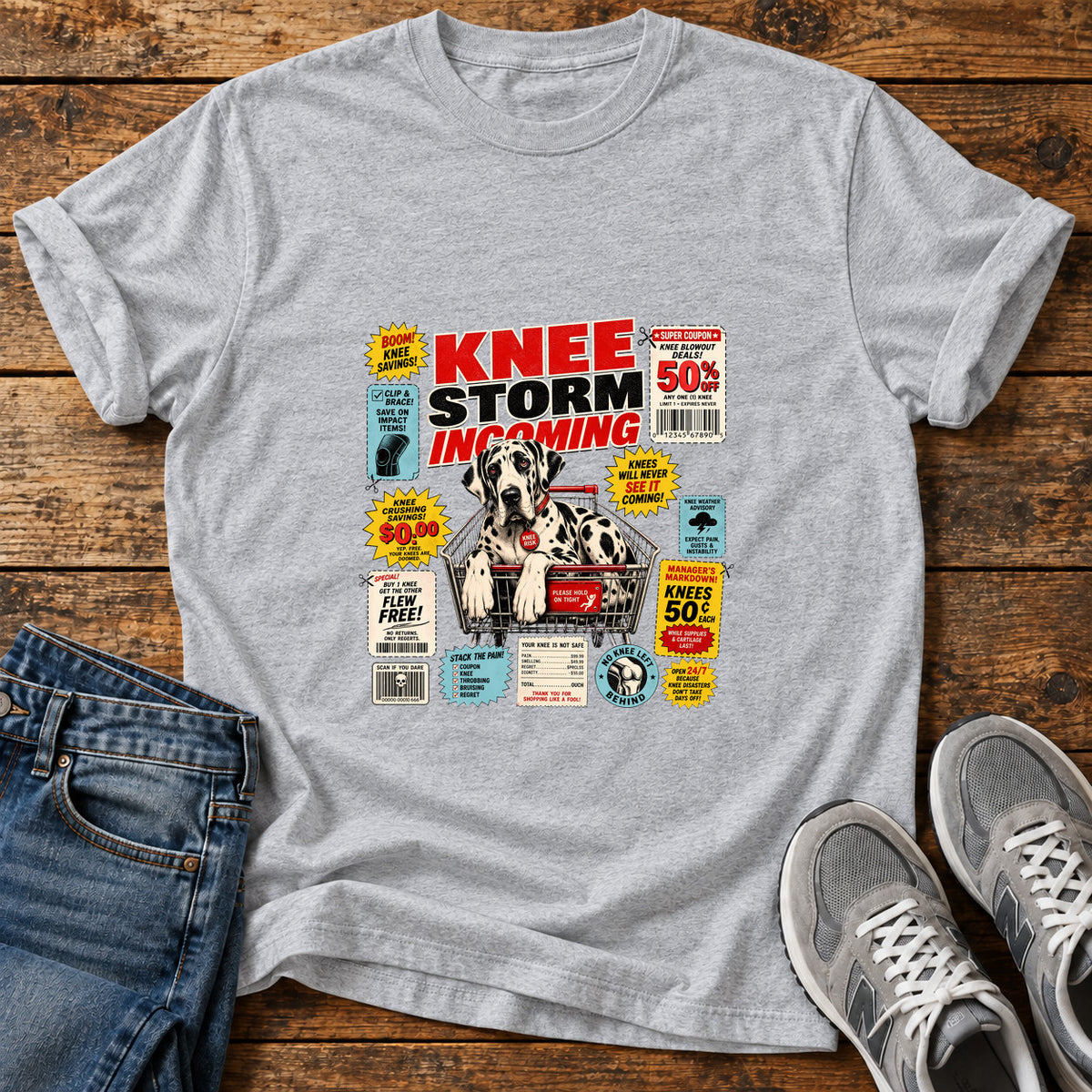 Knee Storm Incoming Great Dane graphic T-shirt in Sport Grey, shown on a flat-lay shirt mockup