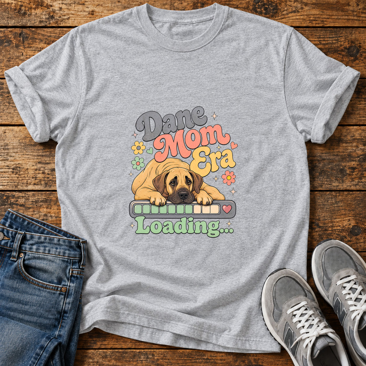 Dane Mom Loading Great Dane graphic T-shirt in Sport Grey, shown on a flat-lay shirt mockup
