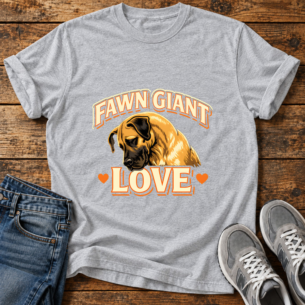 Fawn Giant Love Great Dane graphic T-shirt in Sport Grey, shown on a flat-lay shirt mockup