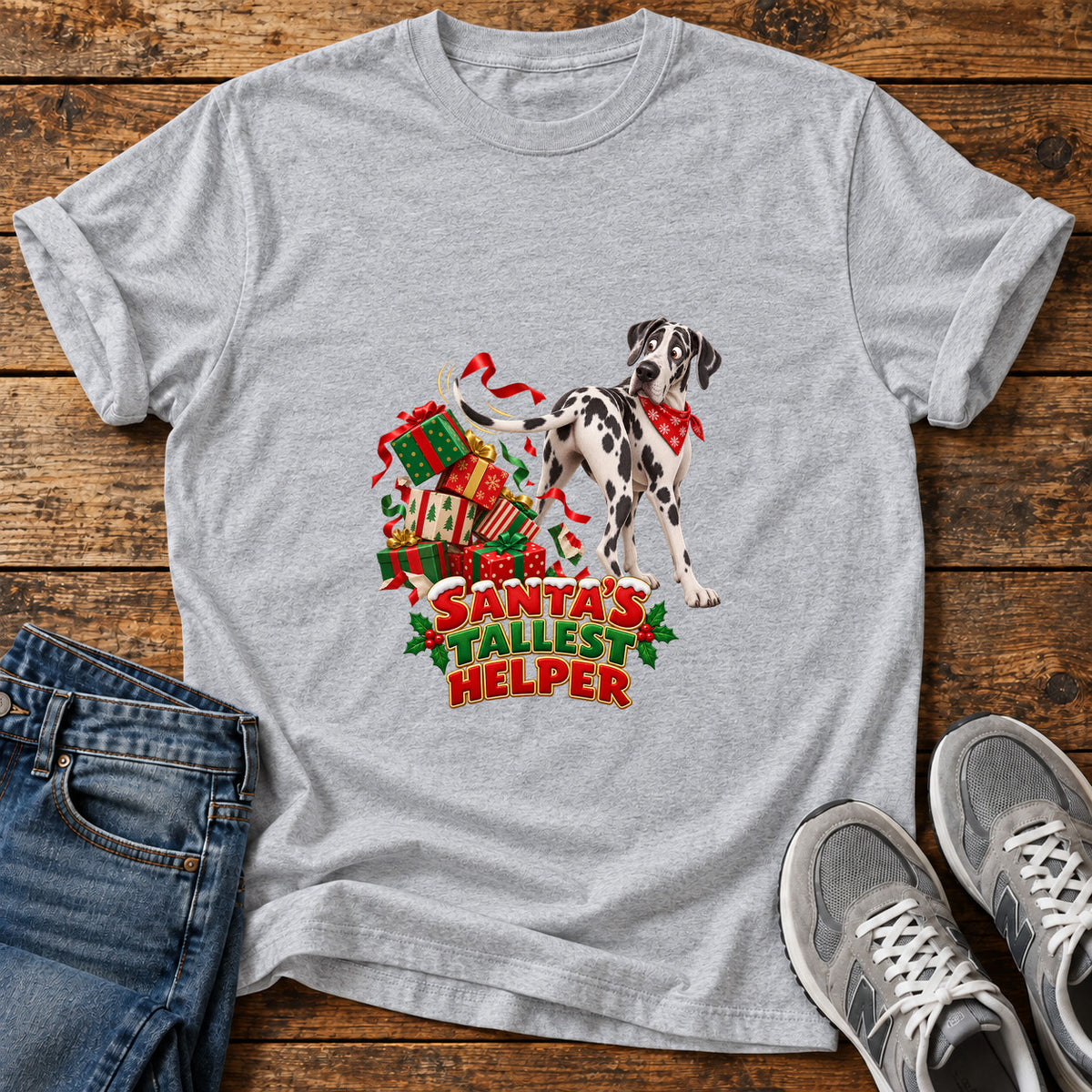 Santa's Tallest Helper Great Dane graphic T-shirt in Sport Grey, shown on a flat-lay shirt mockup