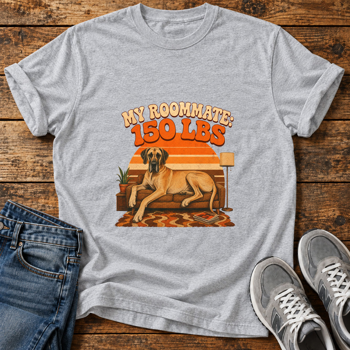 Roommate 150lbs Great Dane graphic T-shirt in Sport Grey, shown on a flat-lay shirt mockup