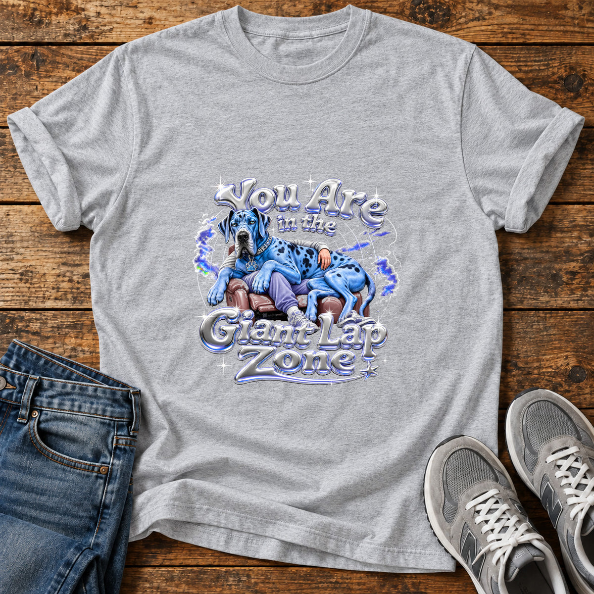 Giant Lap Zone Great Dane graphic T-shirt in Sport Grey, shown on a flat-lay shirt mockup