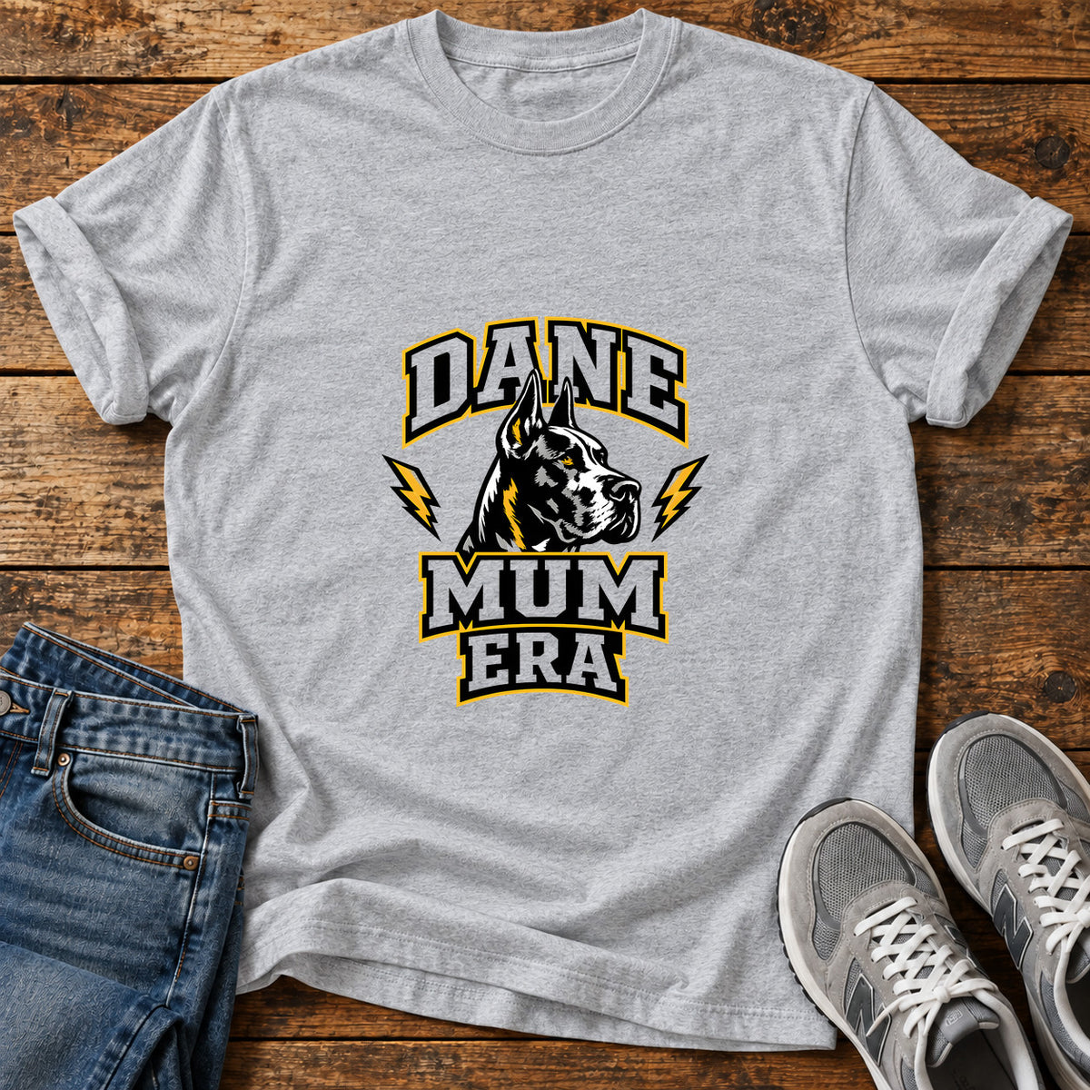 Dane Mum Era Great Dane graphic T-shirt in Sport Grey, shown on a flat-lay shirt mockup