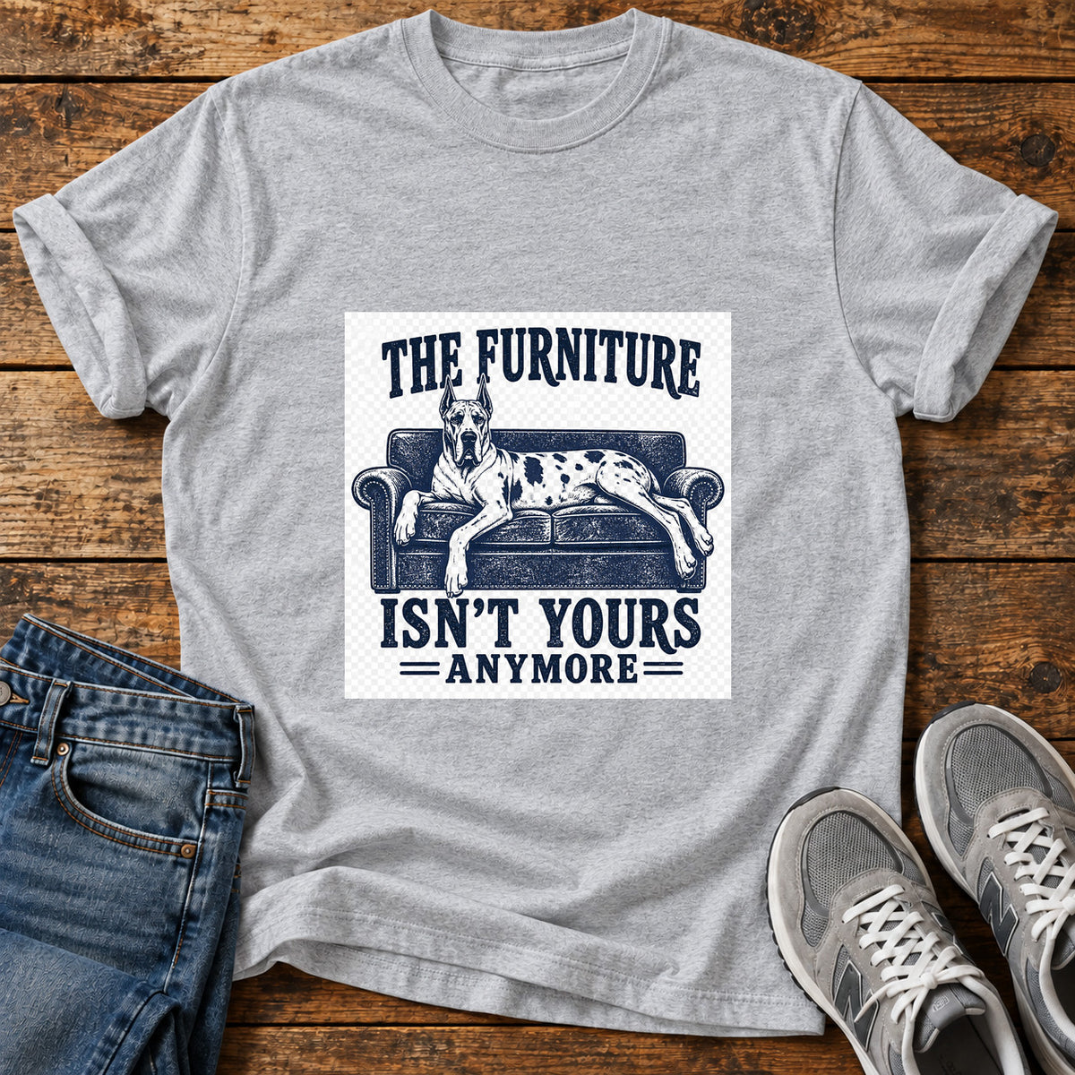 Furniture Takeover Great Dane graphic T-shirt in Sport Grey, shown on a flat-lay shirt mockup