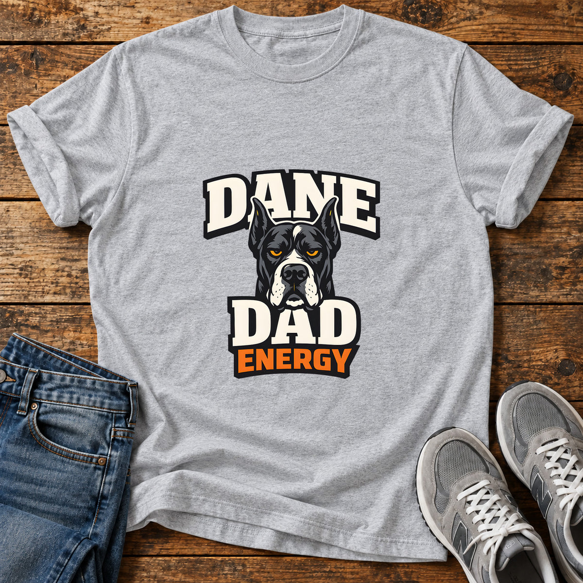 Dane Dad Energy Great Dane graphic T-shirt in Sport Grey, shown on a flat-lay shirt mockup