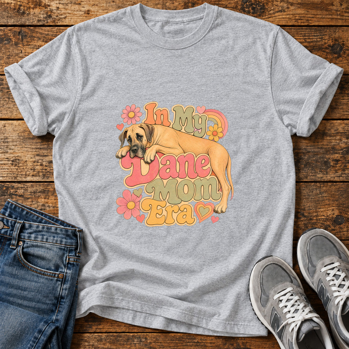 Dane Mom Era Great Dane graphic T-shirt in Sport Grey, shown on a flat-lay shirt mockup