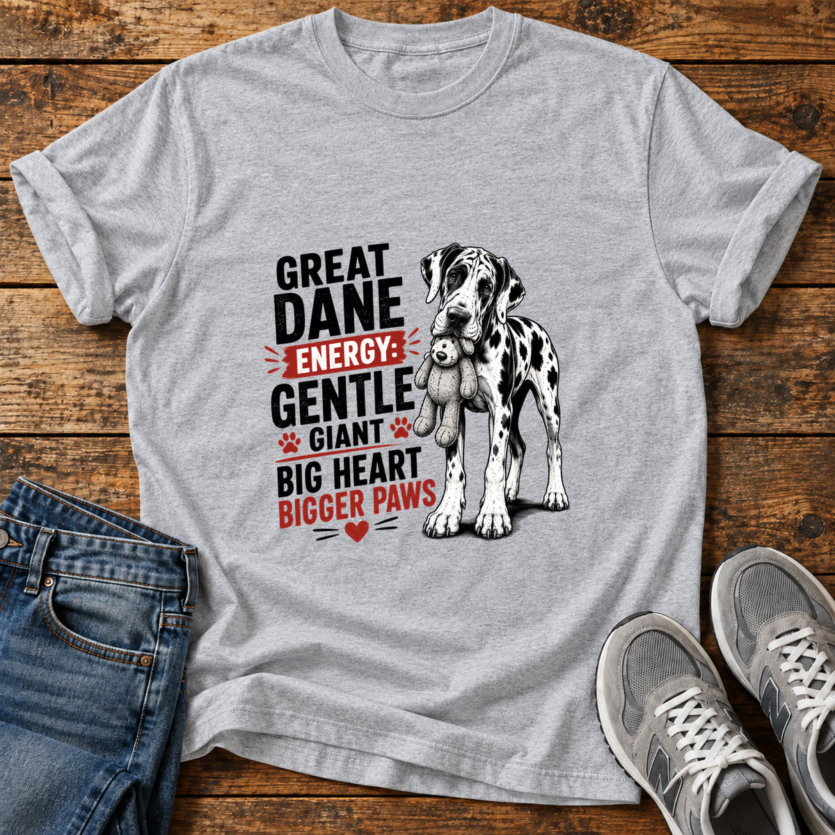 Great Dane Energy graphic T-shirt in Sport Grey, shown on a flat-lay shirt mockup