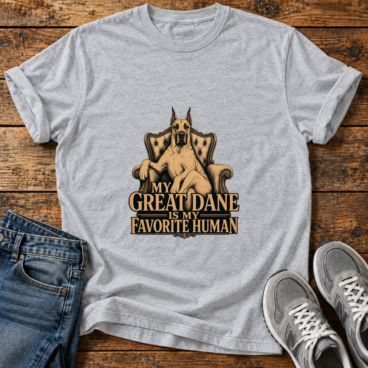 Great Dane Favorite graphic T-shirt in Sport Grey, shown on a flat-lay shirt mockup