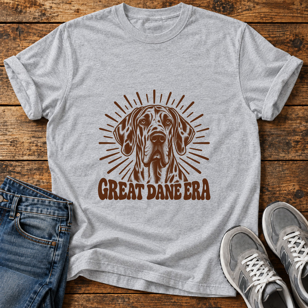 Great Dane Era graphic T-shirt in Sport Grey, shown on a flat-lay shirt mockup
