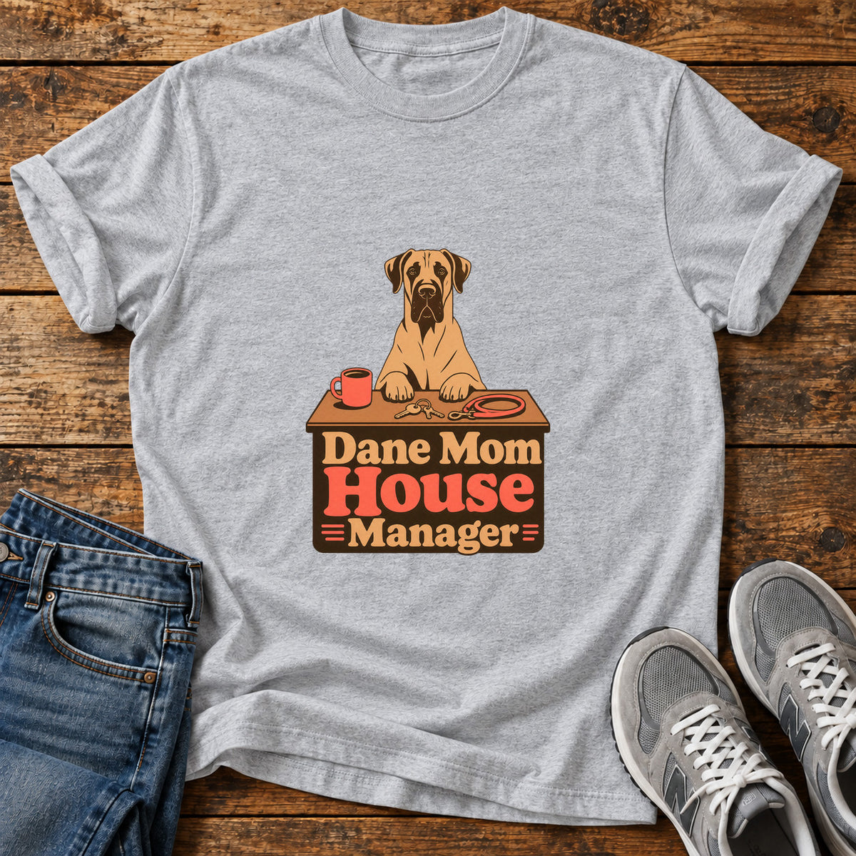 Dane Mom Manager Great Dane graphic T-shirt in Sport Grey, shown on a flat-lay shirt mockup