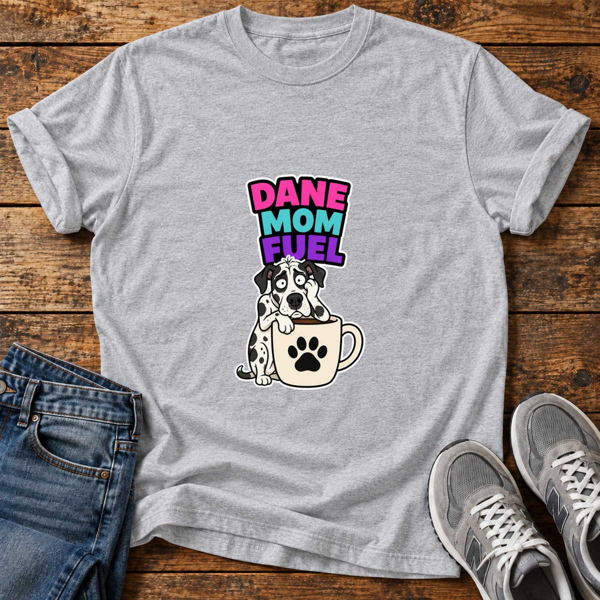 Dane Mom Fuel Great Dane graphic T-shirt in Sport Grey, shown on a flat-lay shirt mockup