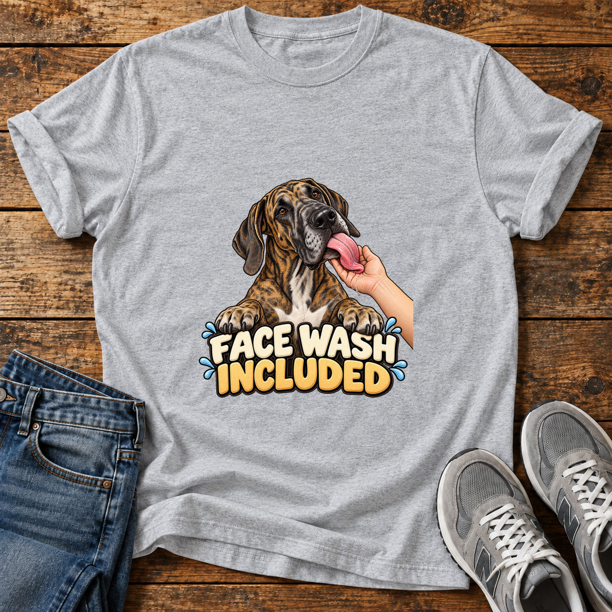 Face Wash Included Great Dane graphic T-shirt in Sport Grey, shown on a flat-lay shirt mockup