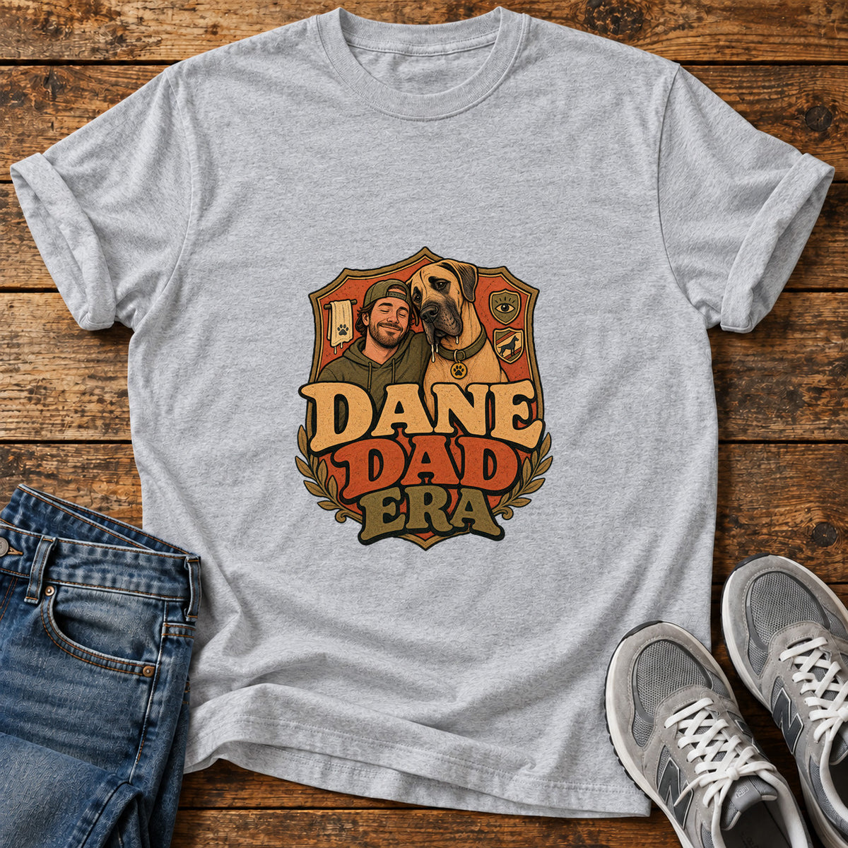 Dane Dad Era Great Dane graphic T-shirt in Sport Grey, shown on a flat-lay shirt mockup