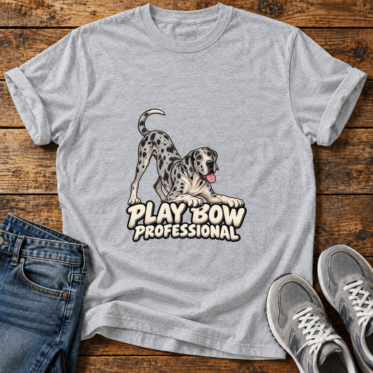 Play Bow Pro Great Dane graphic T-shirt in Sport Grey, shown on a flat-lay shirt mockup