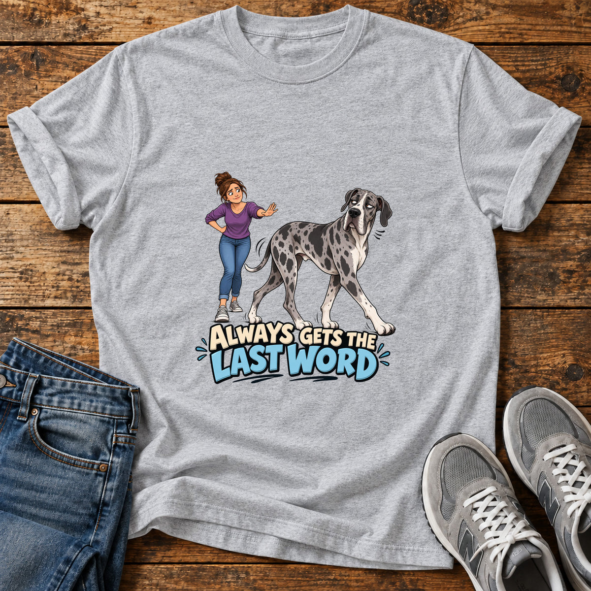 Last Word Wag Great Dane graphic T-shirt in Sport Grey, shown on a flat-lay shirt mockup