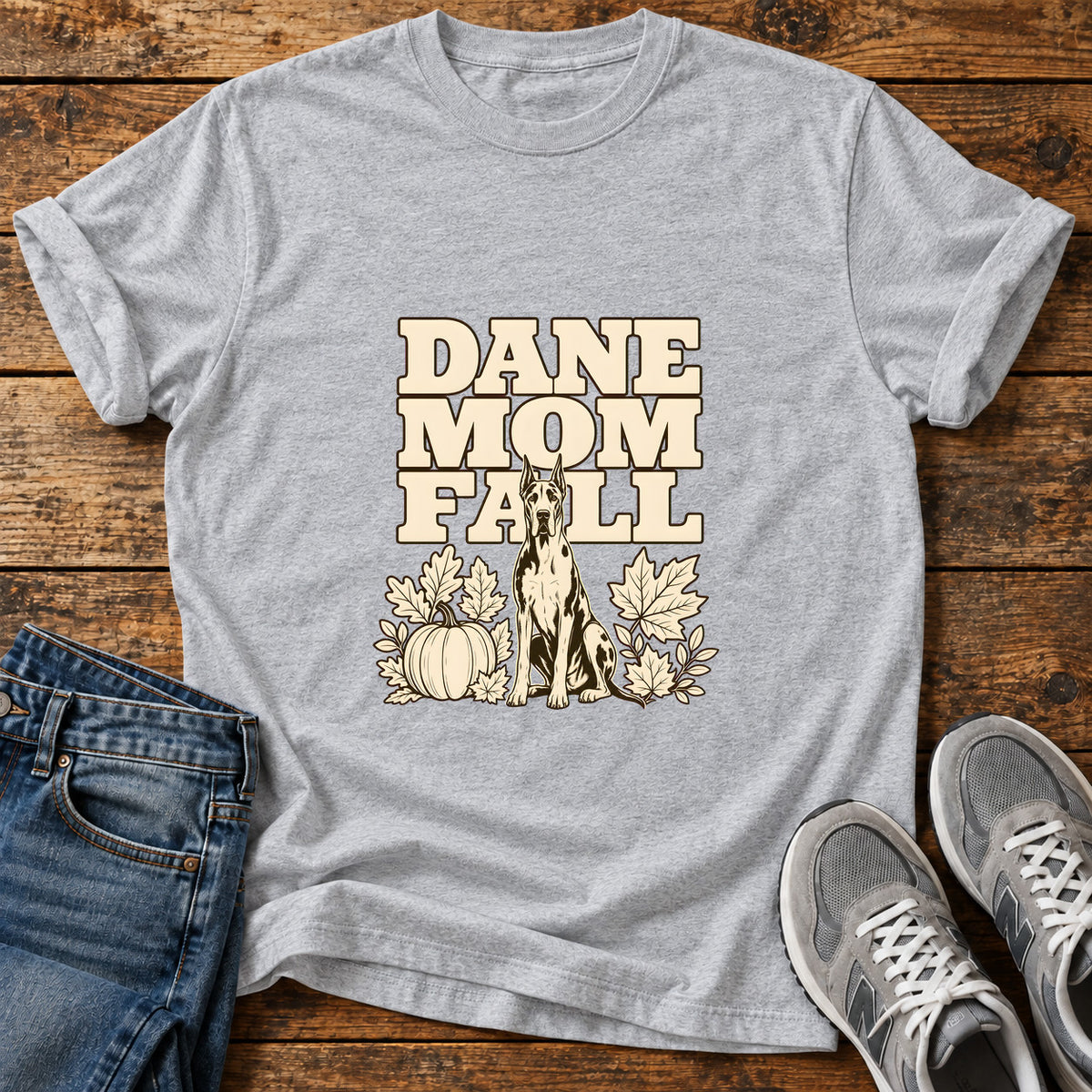 Dane Mom Fall Great Dane graphic T-shirt in Sport Grey, shown on a flat-lay shirt mockup