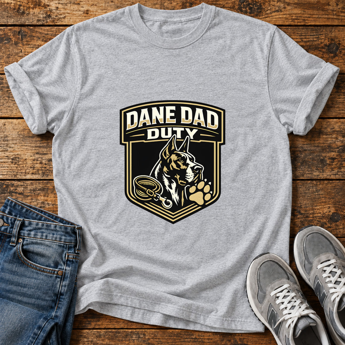 Dane Dad Duty Great Dane graphic T-shirt in Sport Grey, shown on a flat-lay shirt mockup